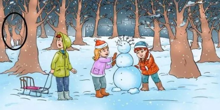 Визуальная головоломка, головоломка, тест, задачка, внимание к деталям, проверка зрения, проверка внимательности, олень, дети, зимний лес