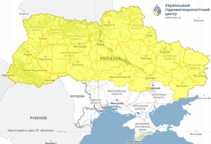 Карта Укргидрометцентр с прогнозом опасных метеорологических явлений в Украине