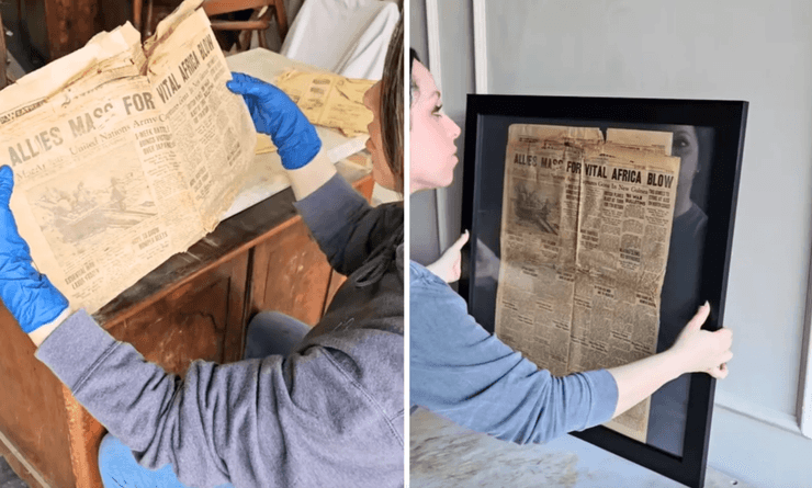 Жінка тримає в руках стару газету 1942 року, знайдену під час реставрації антикварних меблів, і оформляє її в захисну рамку