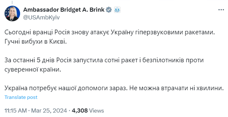 Посол Бринк призвала США оказать помощь Украине
