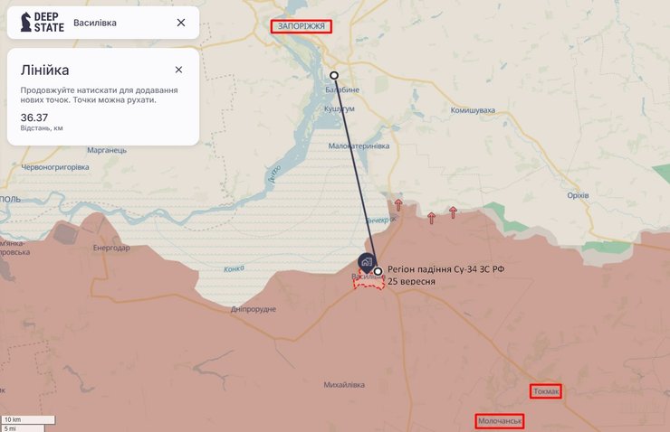 Відстань від місця падіння Су-34 до Запоріжжя