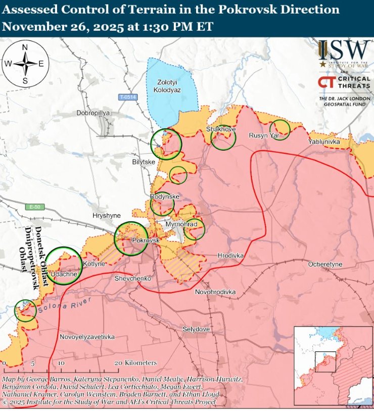 Карта боевых действий на Покровском направлении по версии ISW. 26 ноября 2025