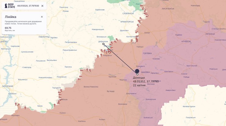 Карта с расстоянием от точки падения БпЛА до фронта, 22 апреля