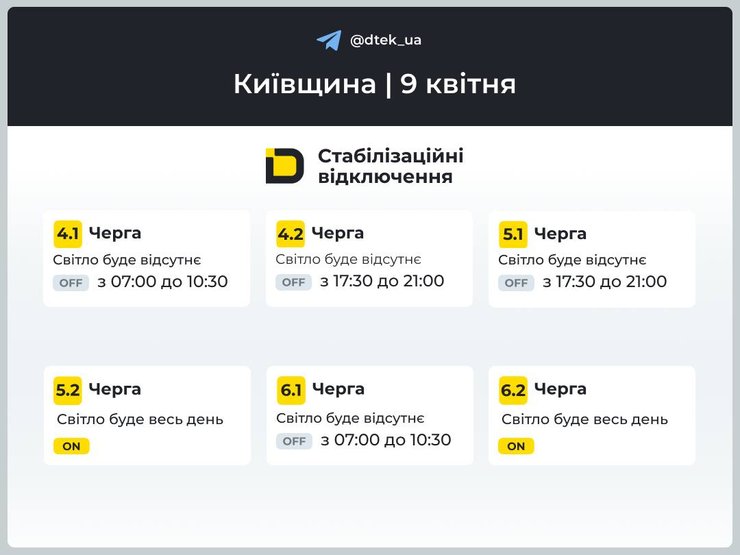 Графіки відключень світла в Київській області на 9 квітня