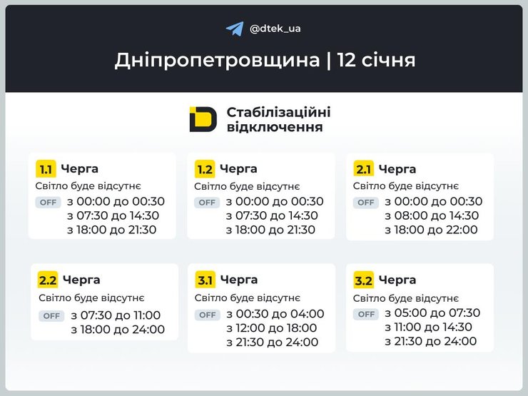Графіки відключень світла у Дніпропетровській області на 12 січня