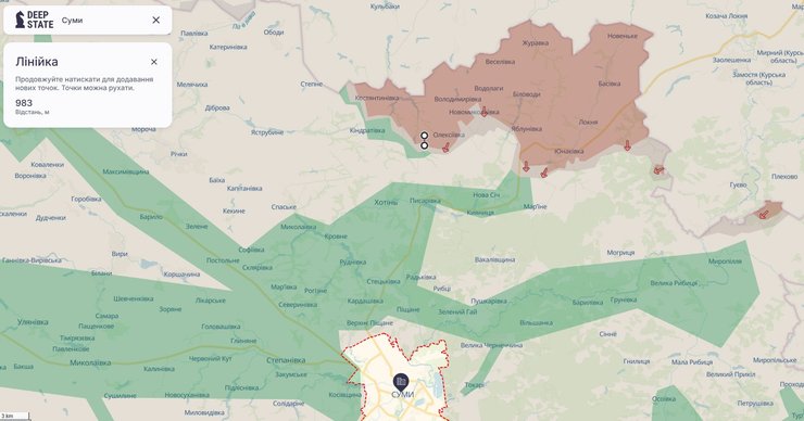 Карта линии фронта возле Сум по состоянию на 30 декабря, DeepState