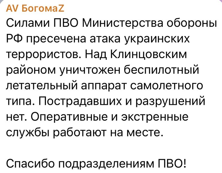 В Брянской области снова якобы сбили дрон