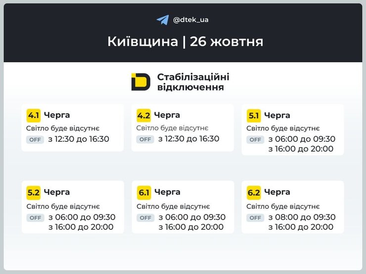 Графики отключений электроэнергии в Киевской области 26 октября