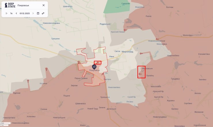 Карта з лінією фронту у Мирнограді, Покровську 1 грудня, DeepState