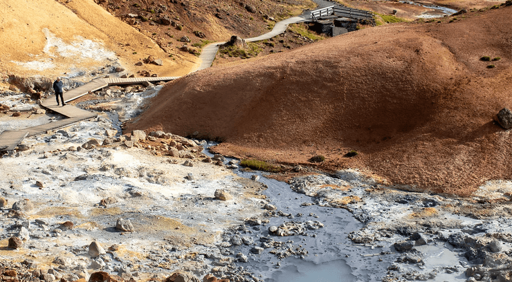Геотермальные источники Сельтун, парящие серные лужи и пешеходная тропа, Исландия