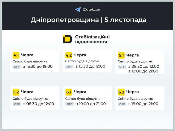 Знеструмлення 5 листопада на Дніпропетровщині