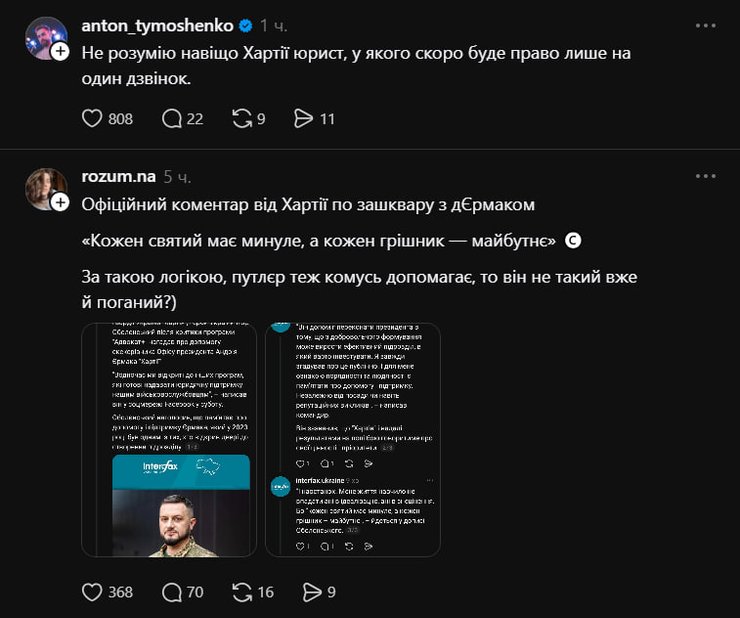 Реакція українців на співпрацю Єрмака та "Хартії"