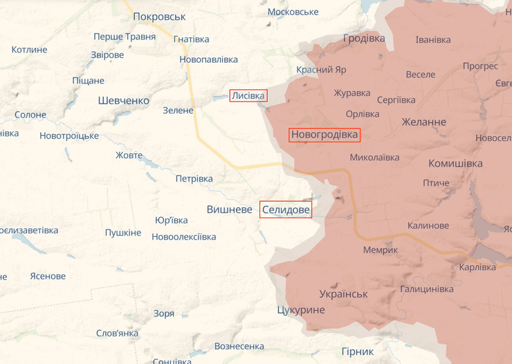 Лисівка, Новогродівка, Селидове, Донецька область, карта бойових дій