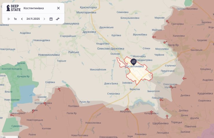 Карта лінії боїв у Костянтинівці 24 листопада, DeepState
