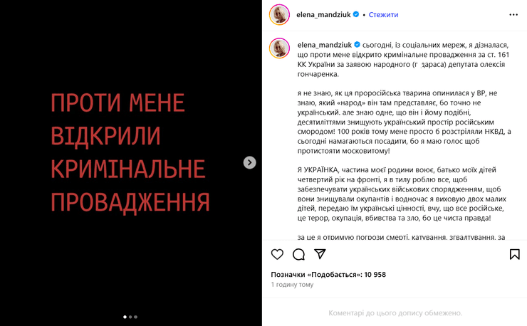 Олена Мандзюк відреагувала на кримінальну справу проти неї