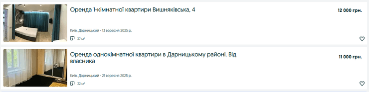 Цены на однокомнатные квартиры в Дарницком районе