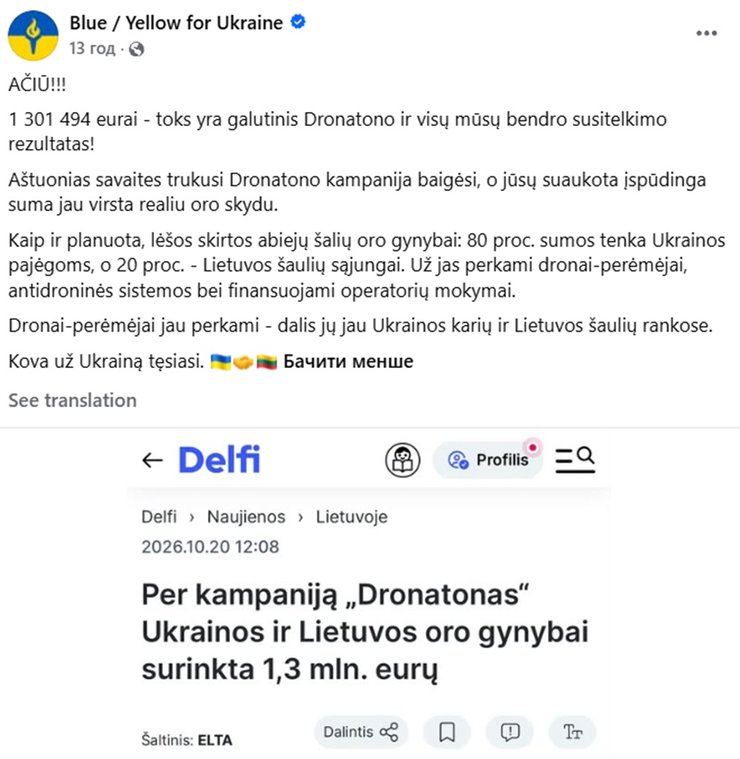 Скриншот допису організації Blue/Yellow про результати восьмитижневої кампанії Dronaton, під час якої в Литві зібрали 1,3 млн євро на дрони
