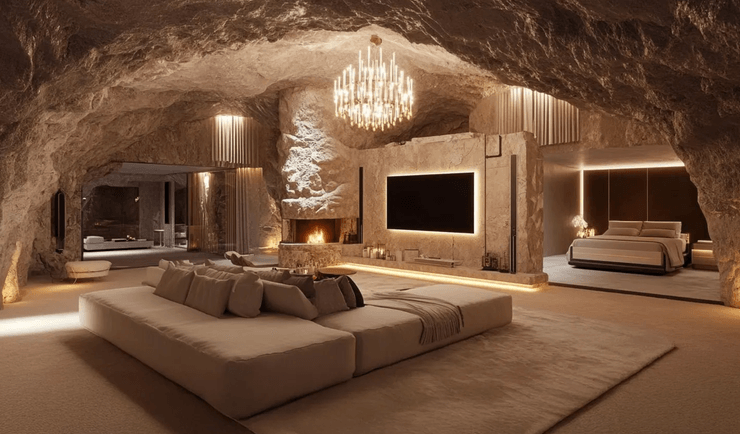 Роскошная спальня с камином и дизайнерским интерьером внутри подземного бункера, вырубленного в горной породе