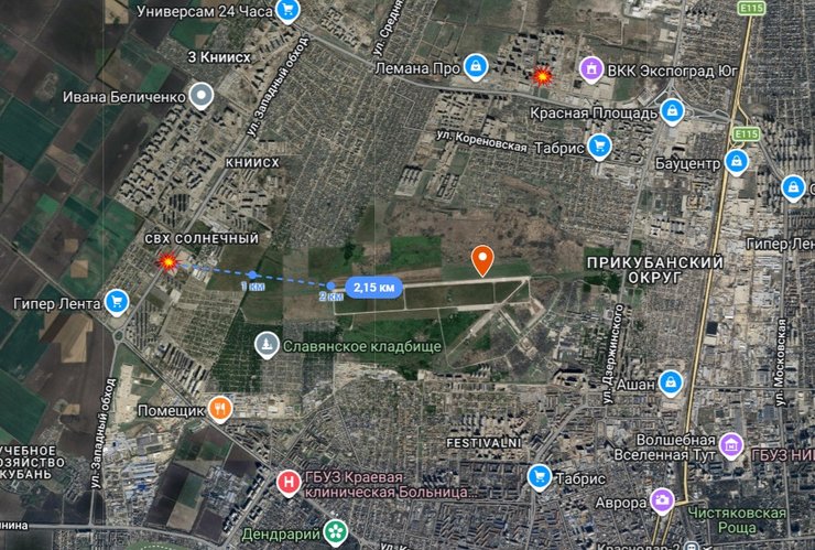 Карта з точками інцидентів у Краснодарі в ніч на 18 березня