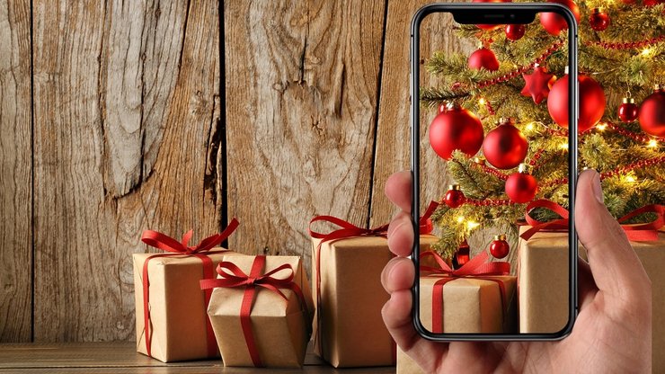 смартфон, подарки, елка, новый год