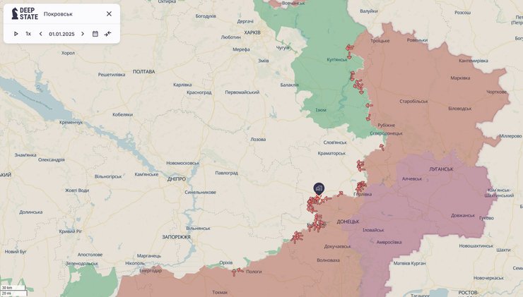 Карта лінії фронту в Україні станом на 1 січня 2025 року, DeepState
