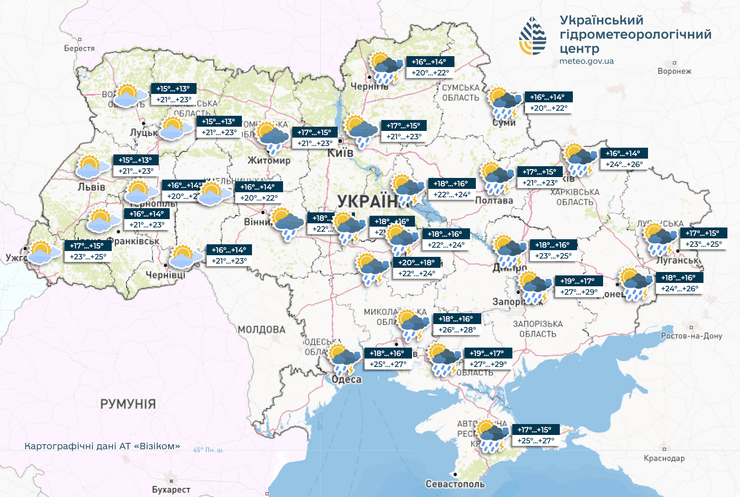 Карта України з прогнозом погоди на 28 червня