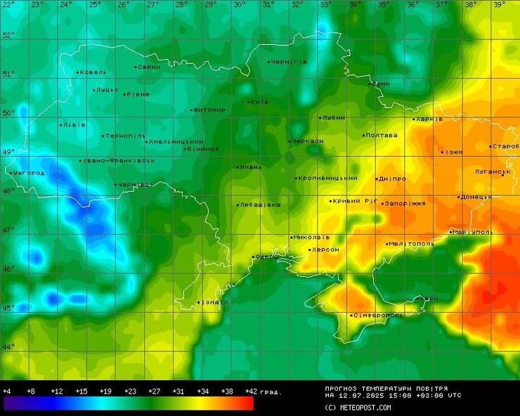 Карта з прогнозом погоди в Україні на суботу 12 липня
