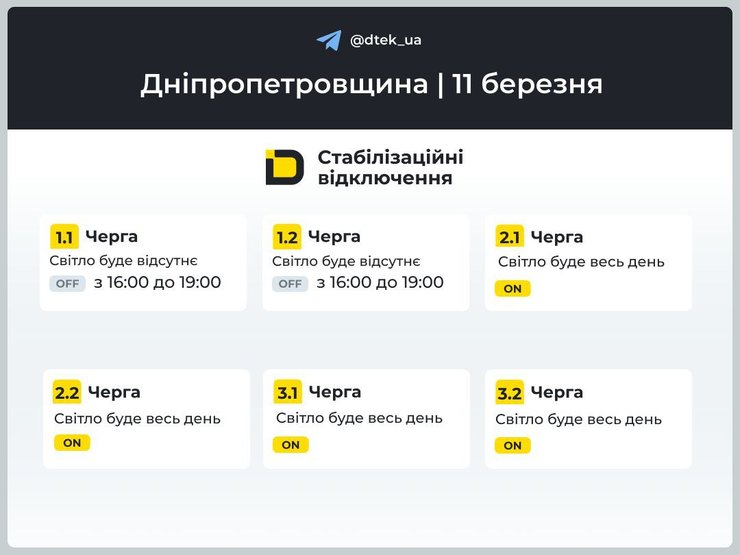 Днепропетровщина графики отключений ДТЭК 11 марта
