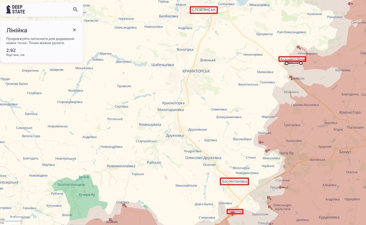 Карта просування ЗС РФ біля Костянтинівки та Слов'янська, 12 березня, DeepState