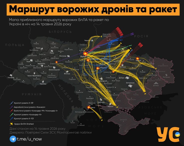 інфографіка з траєкторією ракет та дронів РФ 14 травня