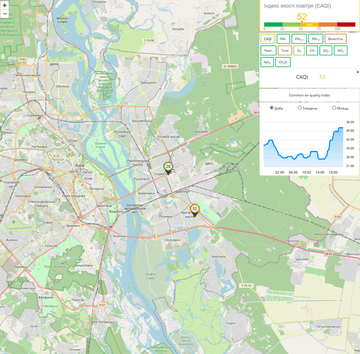По состоянию на 18:00 один из датчиков фиксирует загрязнение воздуха.