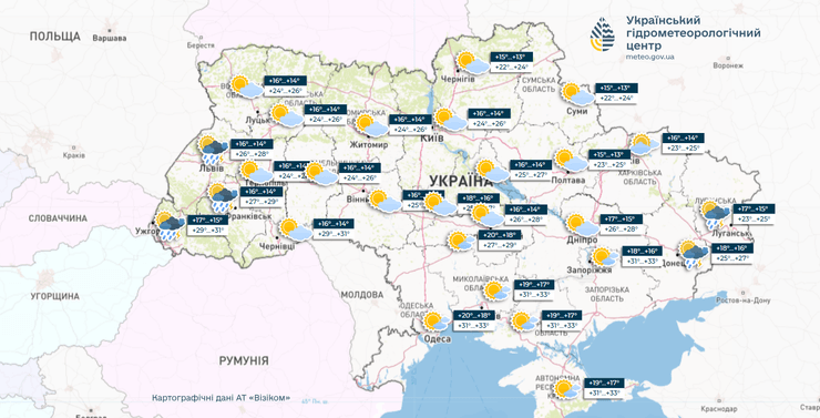 Прогноз погоды, 26 июня, карта