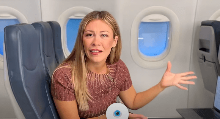 Стюардесса сидит в салоне самолета и делится советами для комфортных перелетов в праздничные дни