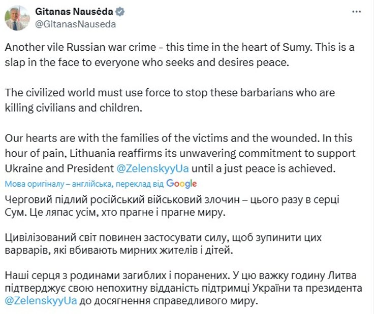 Атака на Сумы, 13 апреля, Гитанас Науседа, Литва