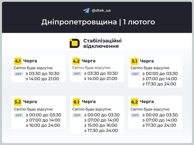 Графіки відключень світла на 1 лютого для 4–6 черг у Дніпропетровській області