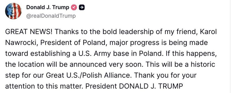 Трамп: військова база США у Польщі
