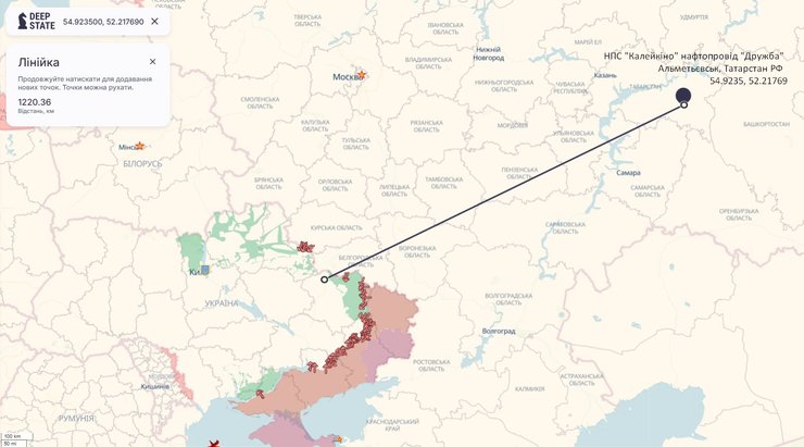 Карта з відстанню, яку пролетіли дрони СБУ до НПС "Калейкіно" нафтопроводу "Дружба", 23 лютого