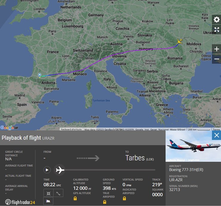 Карта полета согласно онлайн-радару flightradar24