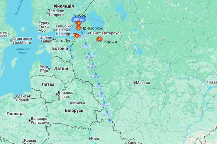 Карта ударов в Усть-Луге, Приморске, Выборге, Кирише 23-29 марта