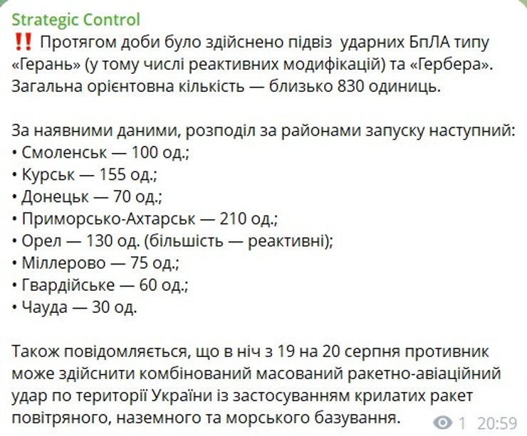 скрин попередження про дрони 19-20 серпня