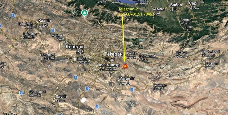 Карта з місцерозташованням ядерного об'єкту Teleghan-2 Ірану
