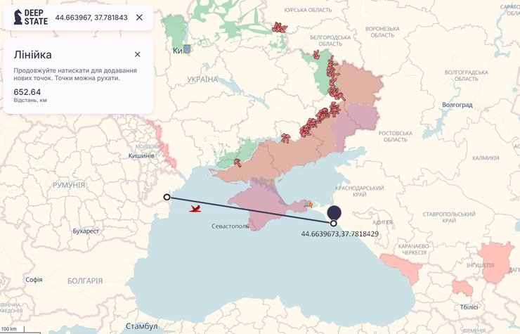 Карта пути ракеты Нептун от Украины до Новороссийска 14 ноября