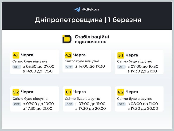 Графики отключения света в Днепропетровской области на 1 марта