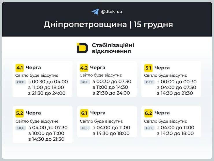 Когда не будет света 15 декабря в Днепропетровской области