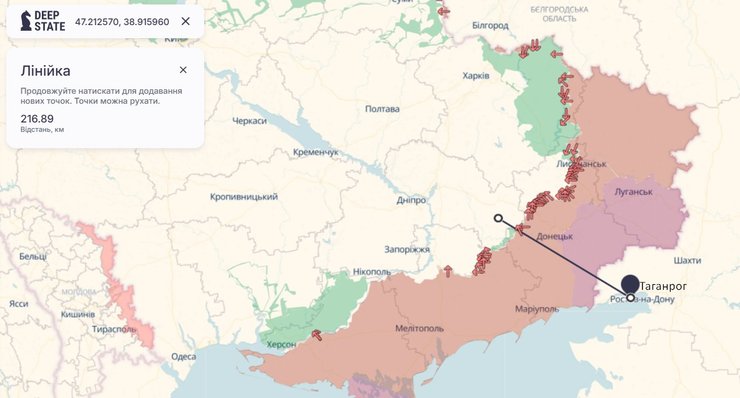 карта з відстанню, яку пролетів "Нептун" до "Атлант Аеро" РФ у Таганрозі