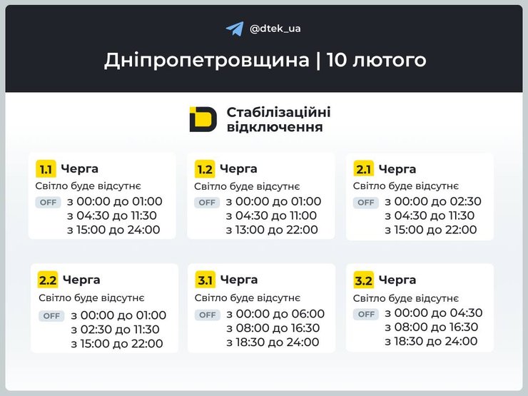 Графіки відключень світла в Дніпропетровській області на 10 лютого