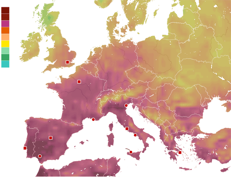 Карта температур в странах Европы