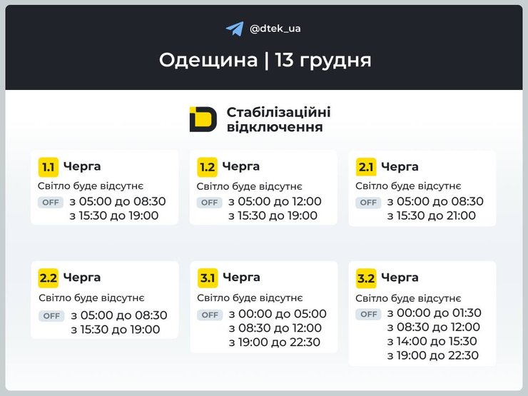 Графики отключений света в Одесской области на 13 декабря