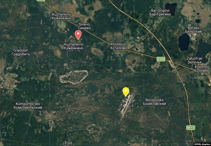 Місце падіння Пригожина відносно аеродрому