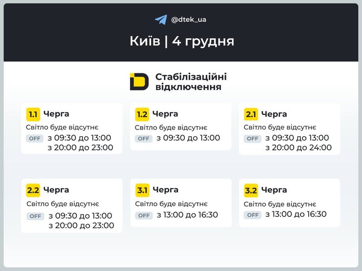 Коли в Києві вимкнуть світло 4 грудня?